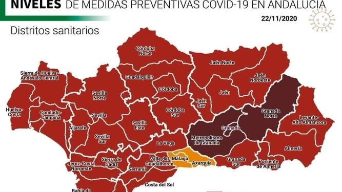 Mapa de los niveles de alerta en Andalucía.